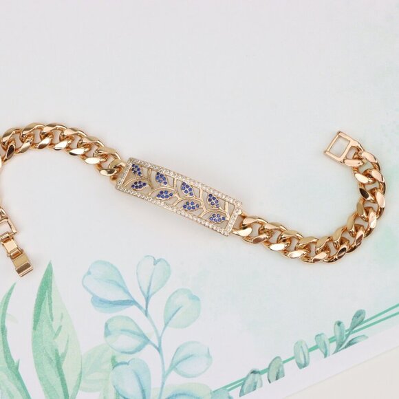 "Bold Leaf Design Rose Gold Bracelet with Blue Stones, XPBL0768 - Picture 1 of 12
